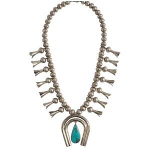 Vtg Navajo Sterling Silver & Turquoise Squash Blossom Necklace – Double Bar Naja
